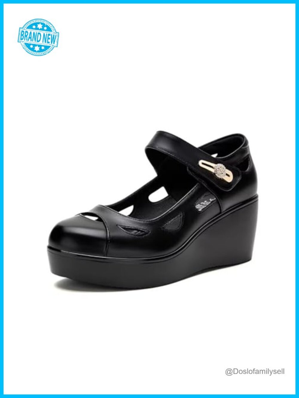 Leather Cutout Wedge Mary Jane Platform Pumps with Hook and Loop Ankle Strap